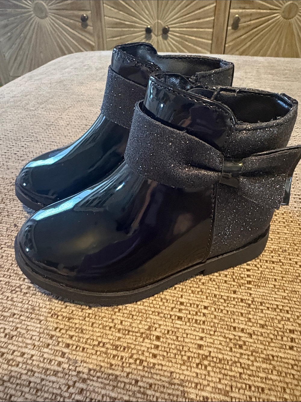 GYMBOREE Toddler Black Patent Ankle Boots with Sparkle Bow size 6
